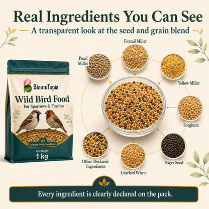 Grain ingredients displayed around a bird food pouch.