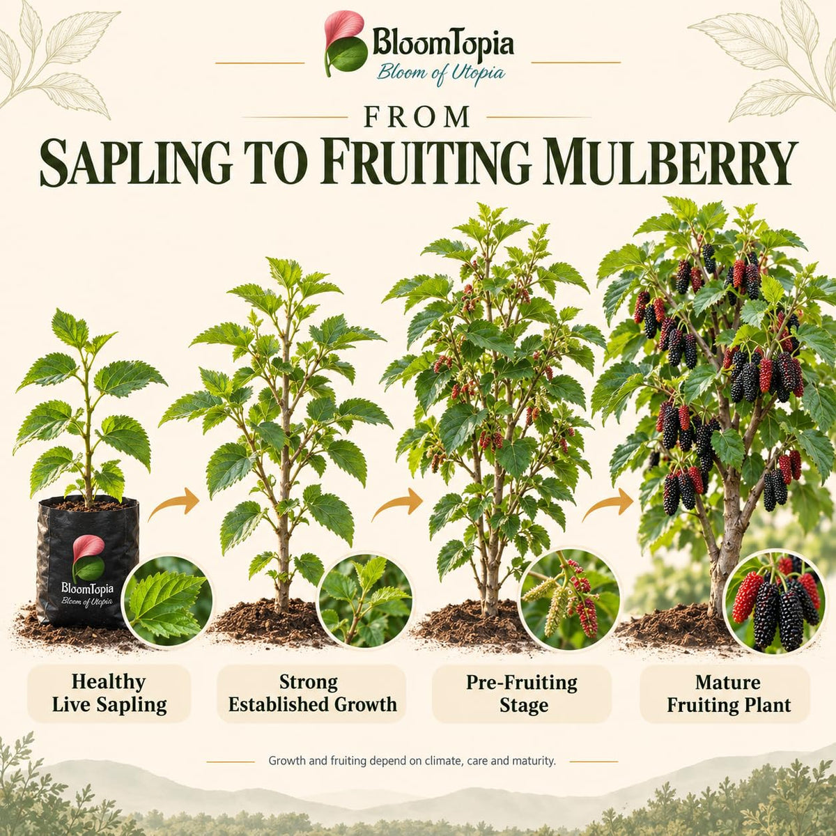 Illustrated growth stages for Chiang Mai 60 Mulberry, from young plant to mature growth.