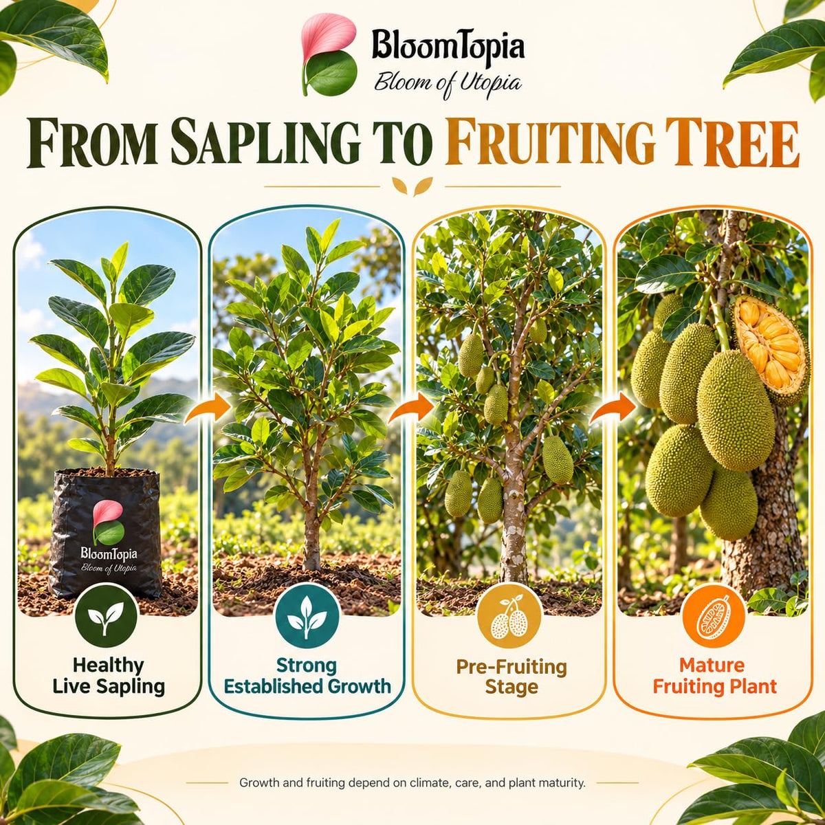 Illustrated growth stages for Vietnam Super Early Jackfruit, from young plant to mature growth.