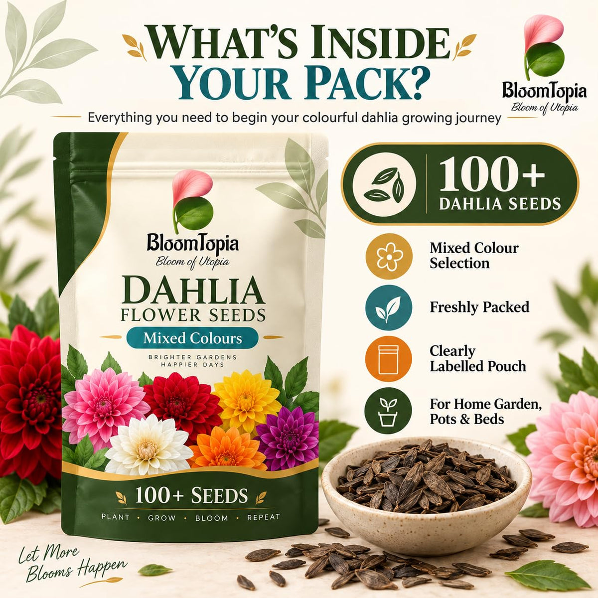 Dahlia seed packet contents illustration.