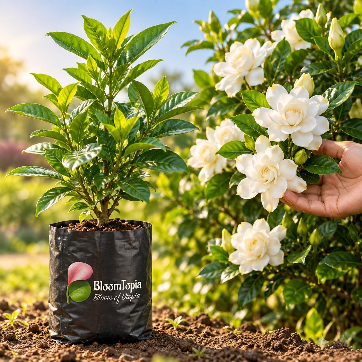 Illustration comparing young Gandharaj Gardenia nursery growth with a mature plant.