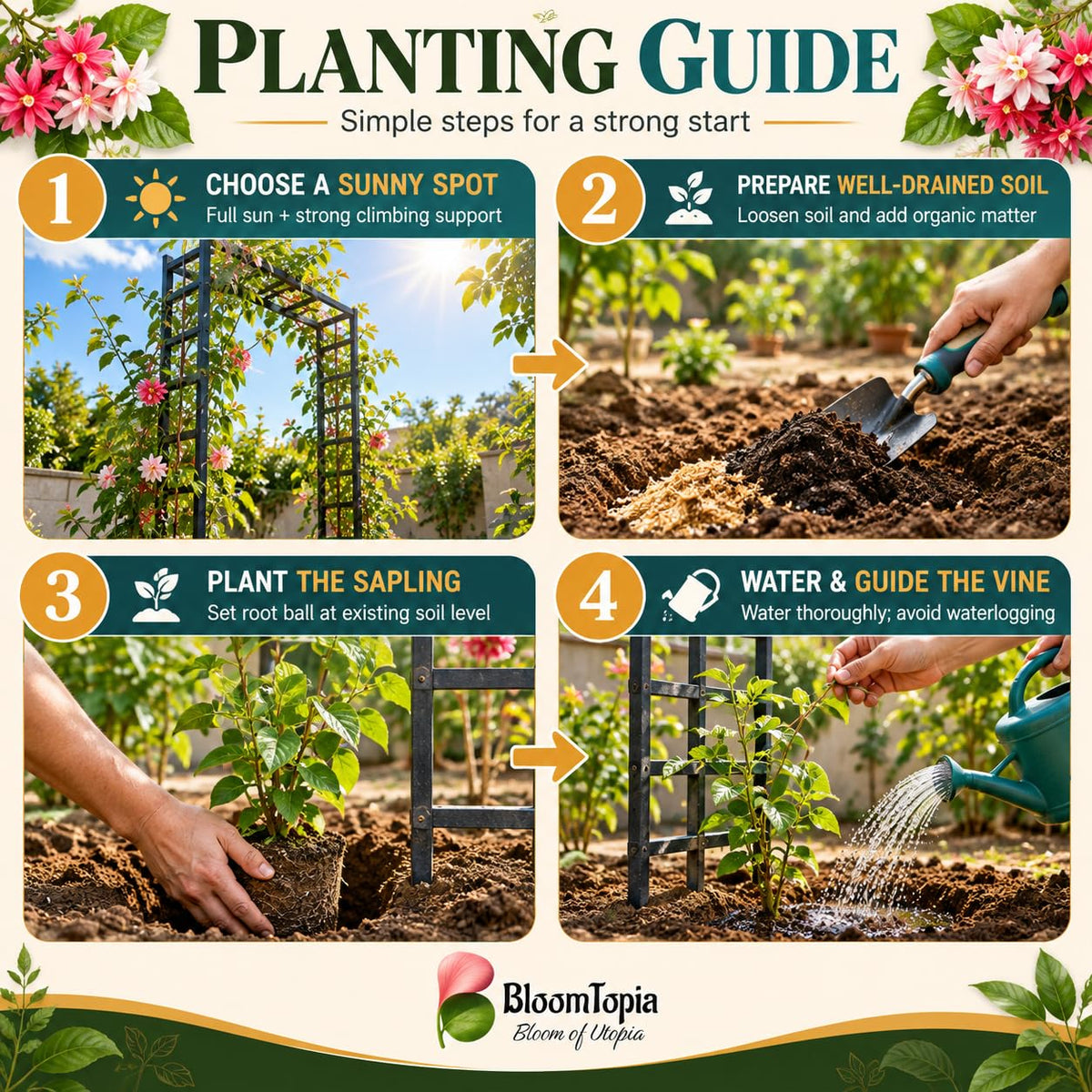 Step-by-step planting illustration for Double Petal Madhumalti Rangoon Creeper.