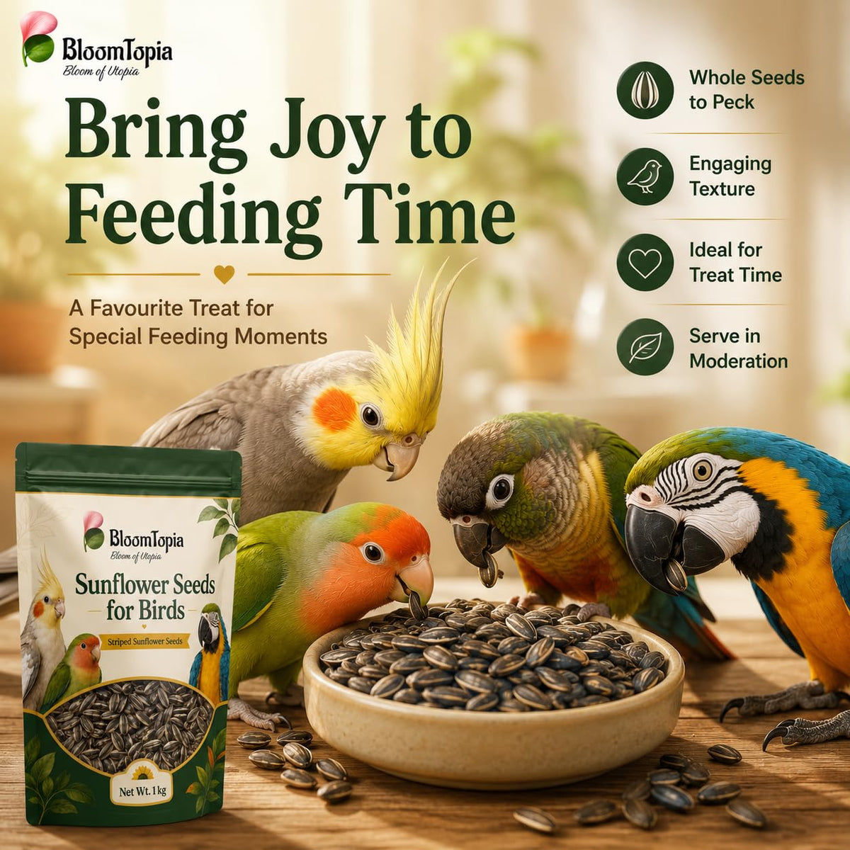 Birds feeding around a bowl of sunflower seeds.