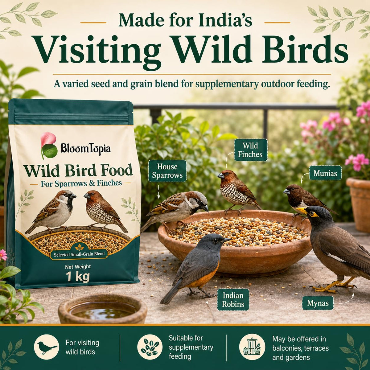 Illustration of wild birds visiting a feeding area.