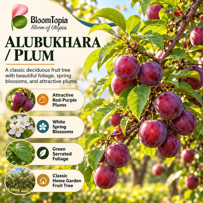 Illustration of mature Alubukhara Plum features with variety callouts.