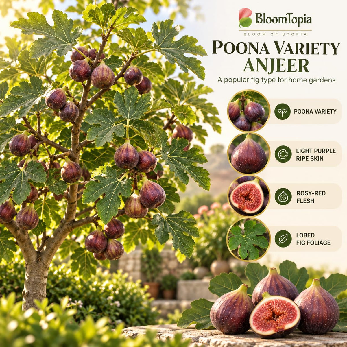 Illustration of mature Poona Anjeer Fig features with variety callouts.