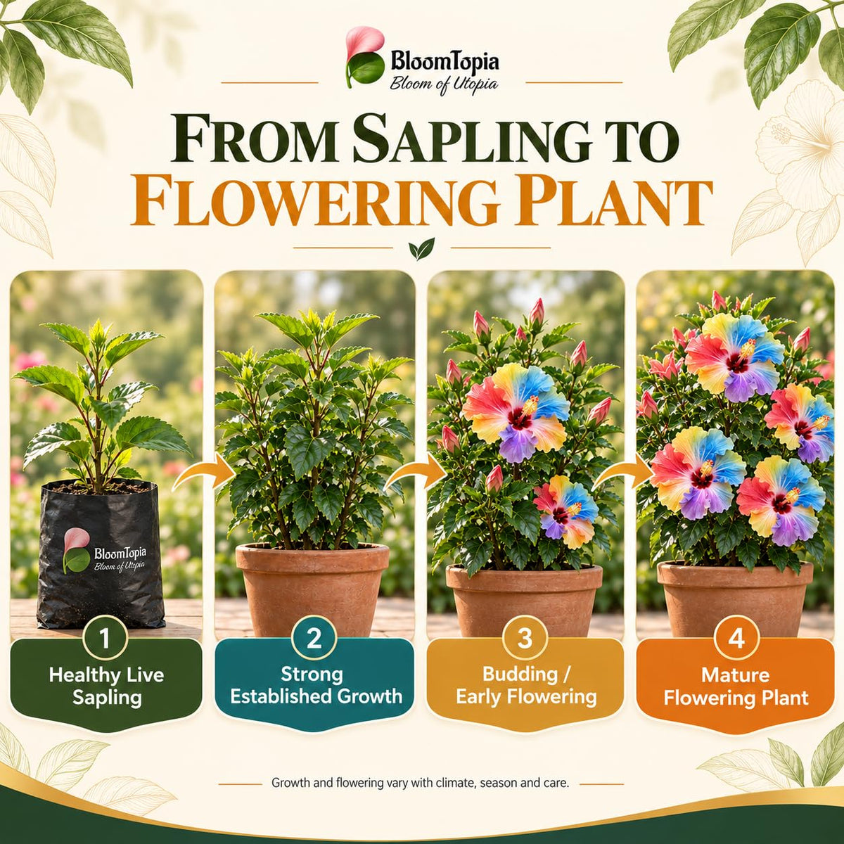 Illustrated growth stages for Hibiscus, from young plant to mature growth.