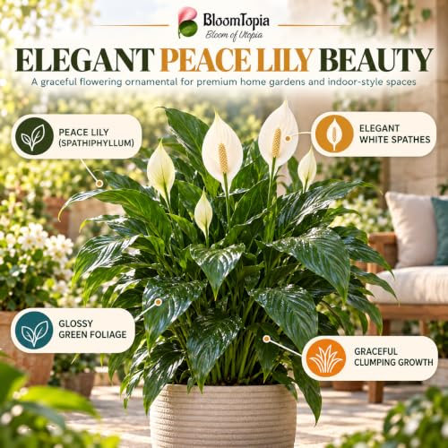 Illustration of mature Peace Lily (Spathiphyllum) features with variety callouts.