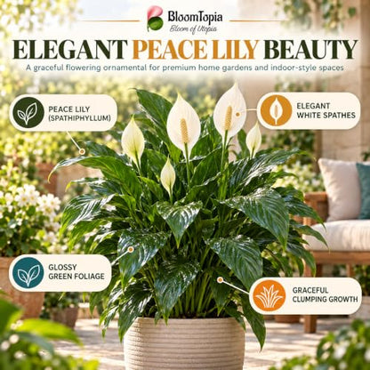 Illustration of mature Peace Lily (Spathiphyllum) features with variety callouts.