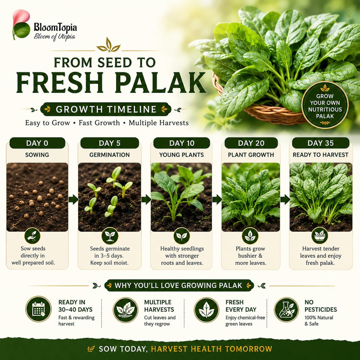 Palak spinach seed-to-harvest growth illustration.