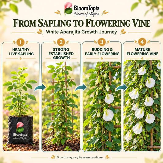 Illustrated growth stages for White Aparajita, from young plant to mature growth.