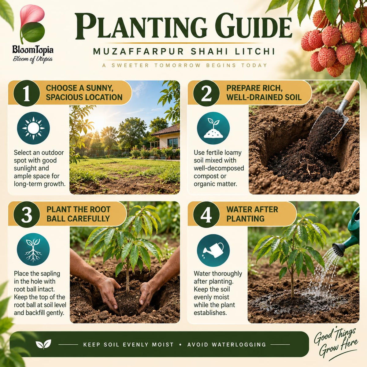 Step-by-step planting illustration for Muzaffarpur Shahi Litchi.