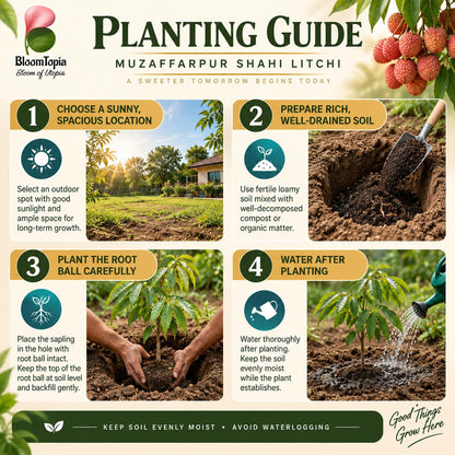 Step-by-step planting illustration for Muzaffarpur Shahi Litchi.