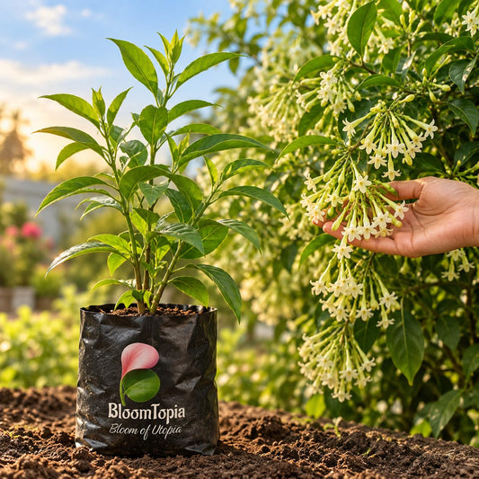 Illustration comparing young Raat Ki Rani Night Blooming Jasmine nursery growth with a mature plant.