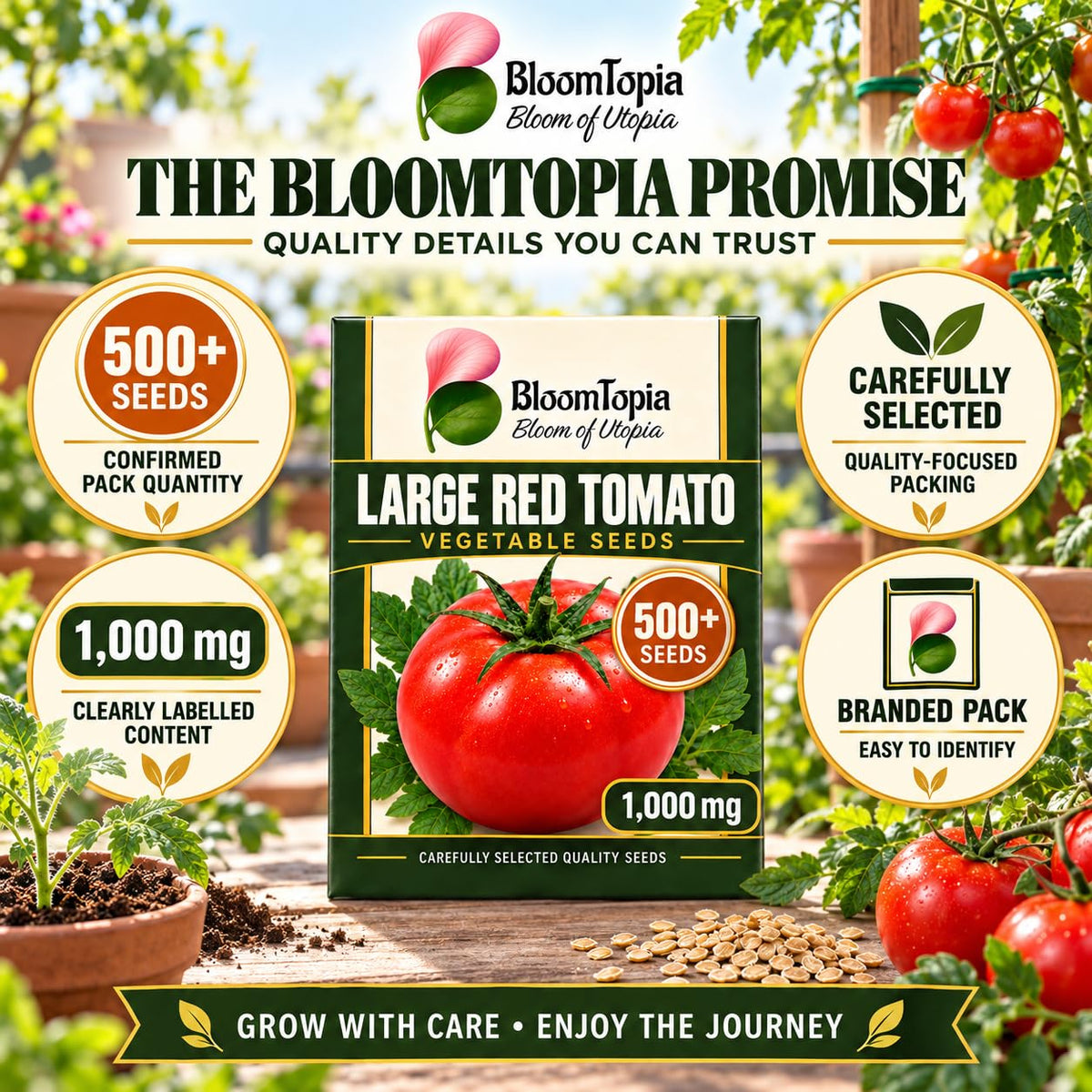Large red tomato seed product information panel.