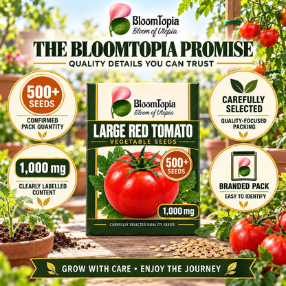 Large red tomato seed product information panel.