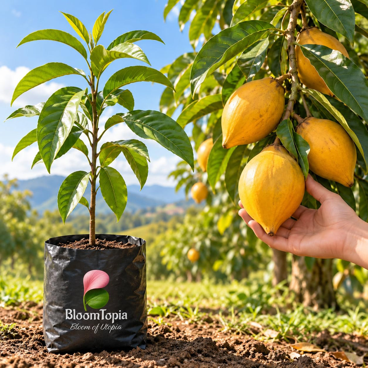 Illustration comparing young Egg Fruit Canistel nursery growth with a mature plant.