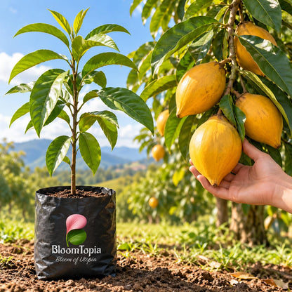Illustration comparing young Egg Fruit Canistel nursery growth with a mature plant.