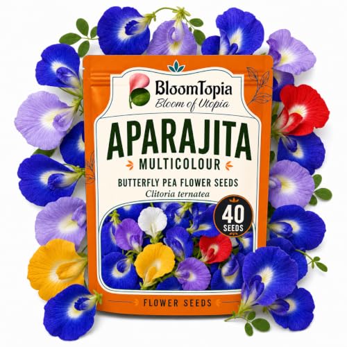 BloomTopia Aparajita seed pouch surrounded by illustrated flowers.