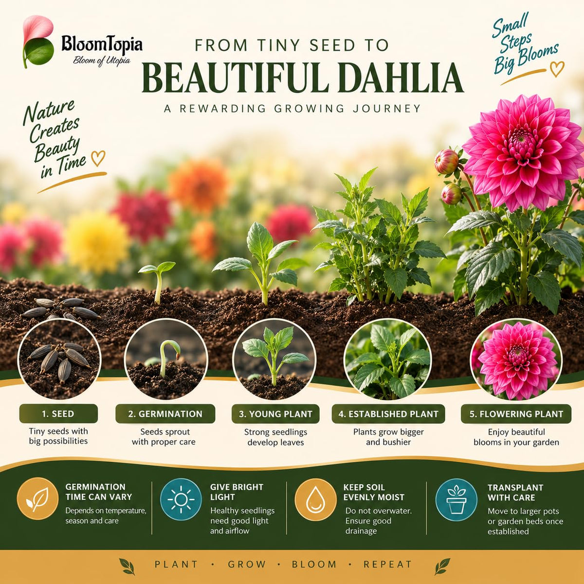 Dahlia plant growth timeline illustration.