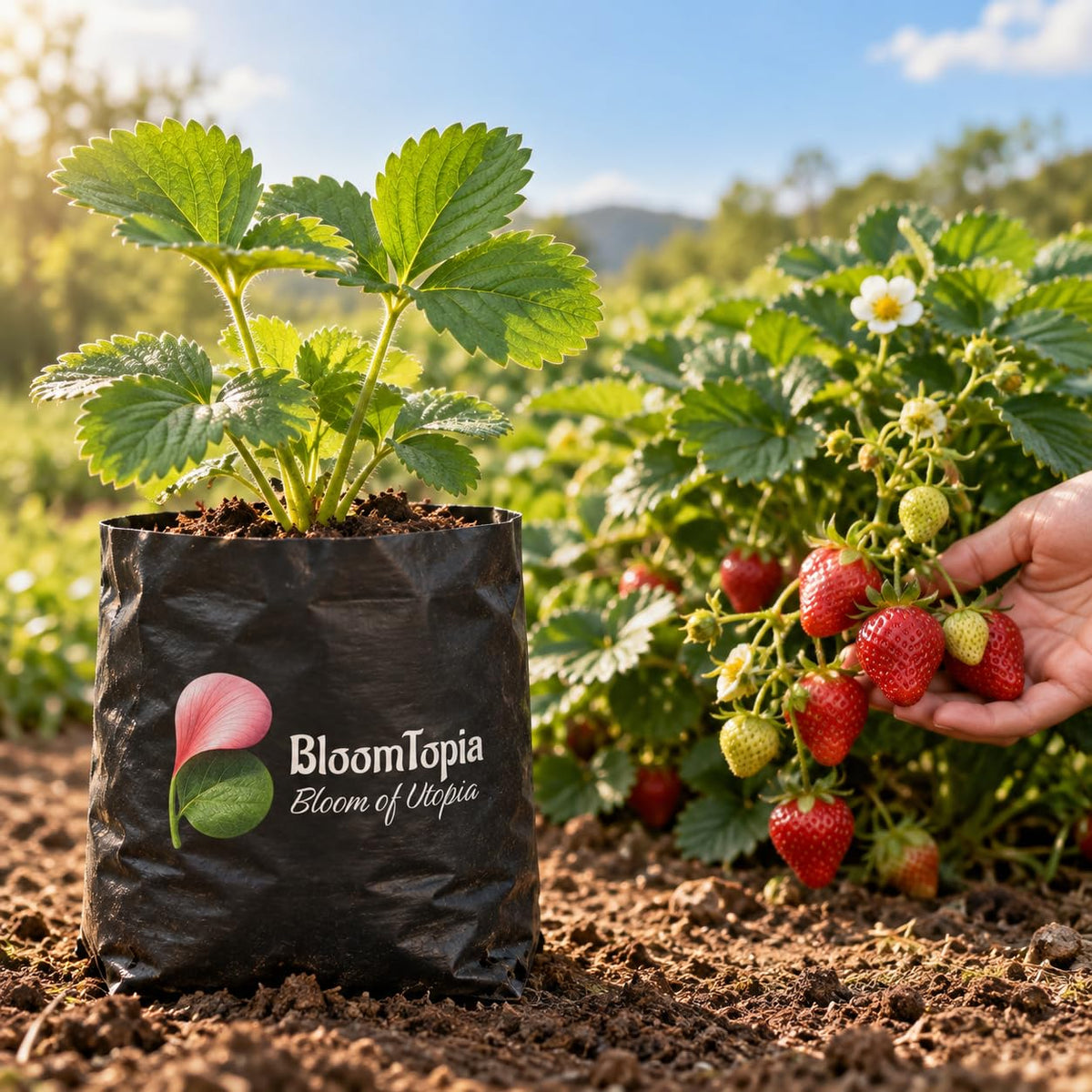 Illustration comparing young Strawberry nursery growth with a mature plant.