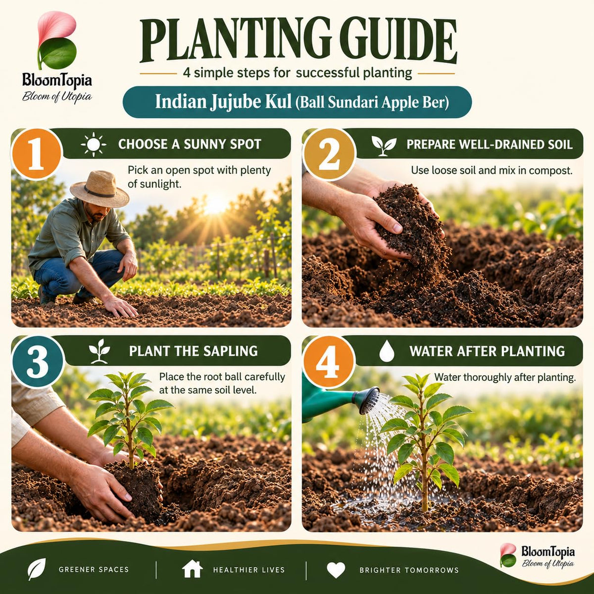 Step-by-step planting illustration for Ball Sundari Apple Ber.