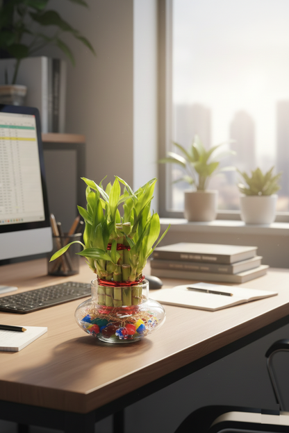 Lucky Bamboo 3 Layer Feng Shui Plant with Glass Jar | Live Indoor Plant for Home & Office | Includes Colorful Stones & Water Gel Balls | Symbol of Luck, Prosperity & Positive (Glass Bowl, 3 Layer)
