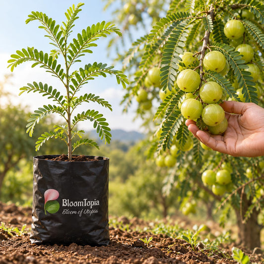 Illustration comparing young Hybrid Amla Indian Gooseberry nursery growth with a mature plant.