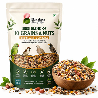 BloomTopia bird seed mix pouch beside a bowl of mixed grains.