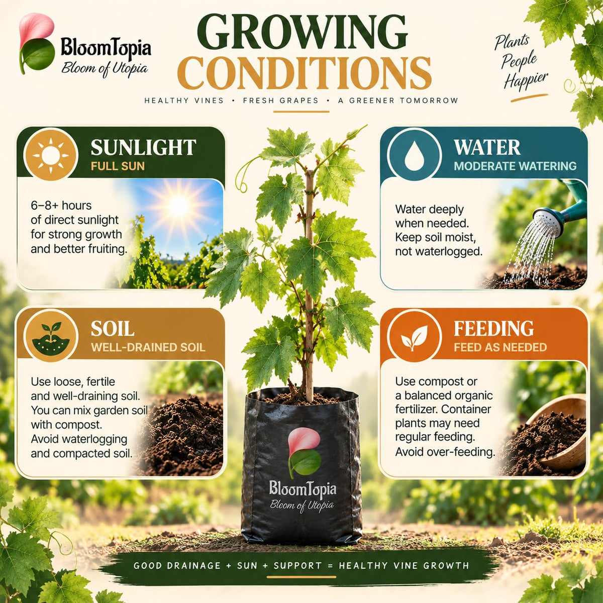 Sunlight, water, soil and feeding guide for Green Grapes (Angur) Vine.