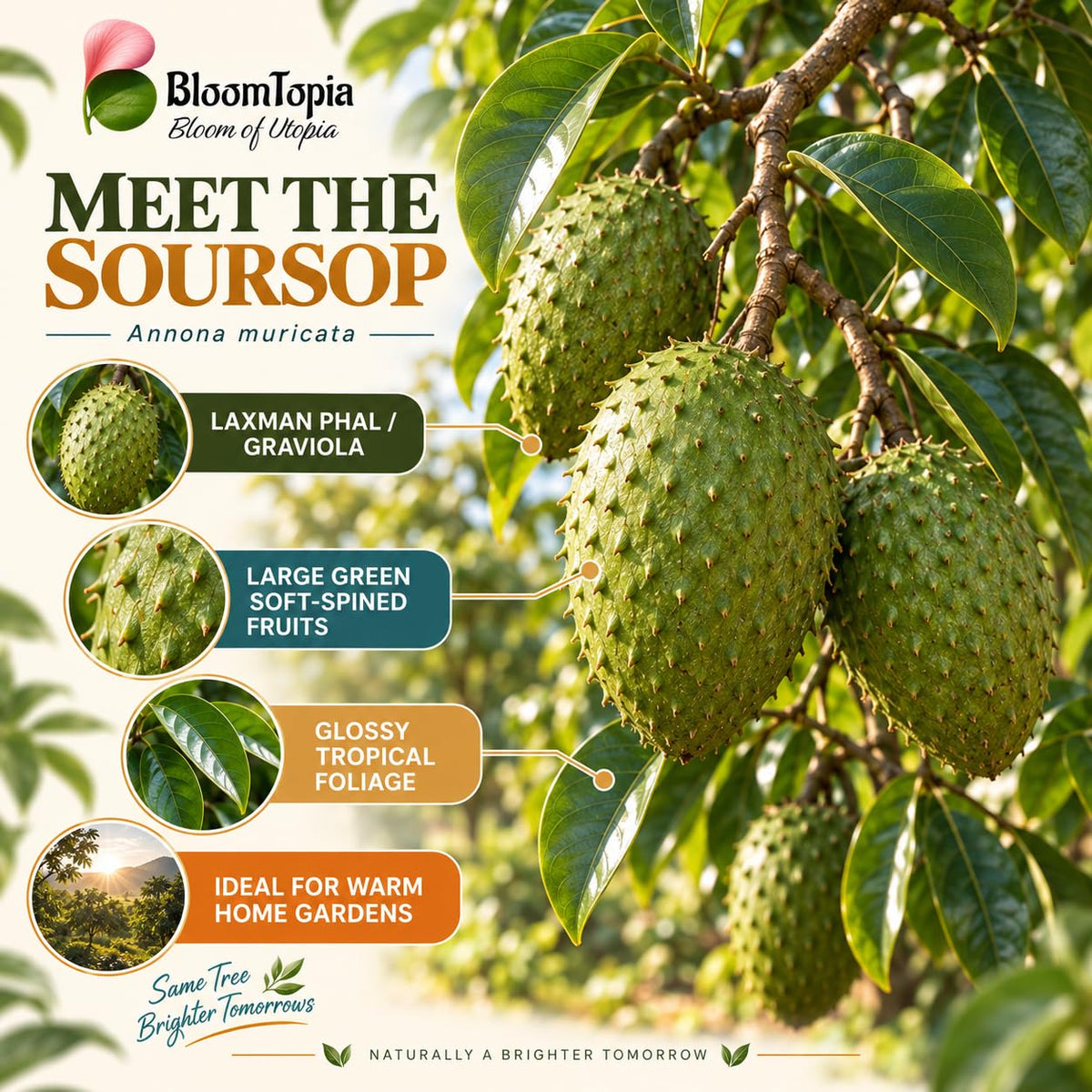 Illustration of mature Soursop features with variety callouts.