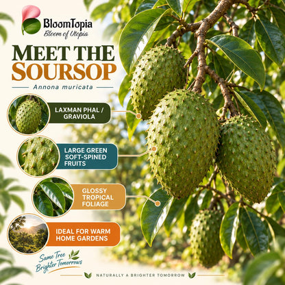 Illustration of mature Soursop features with variety callouts.
