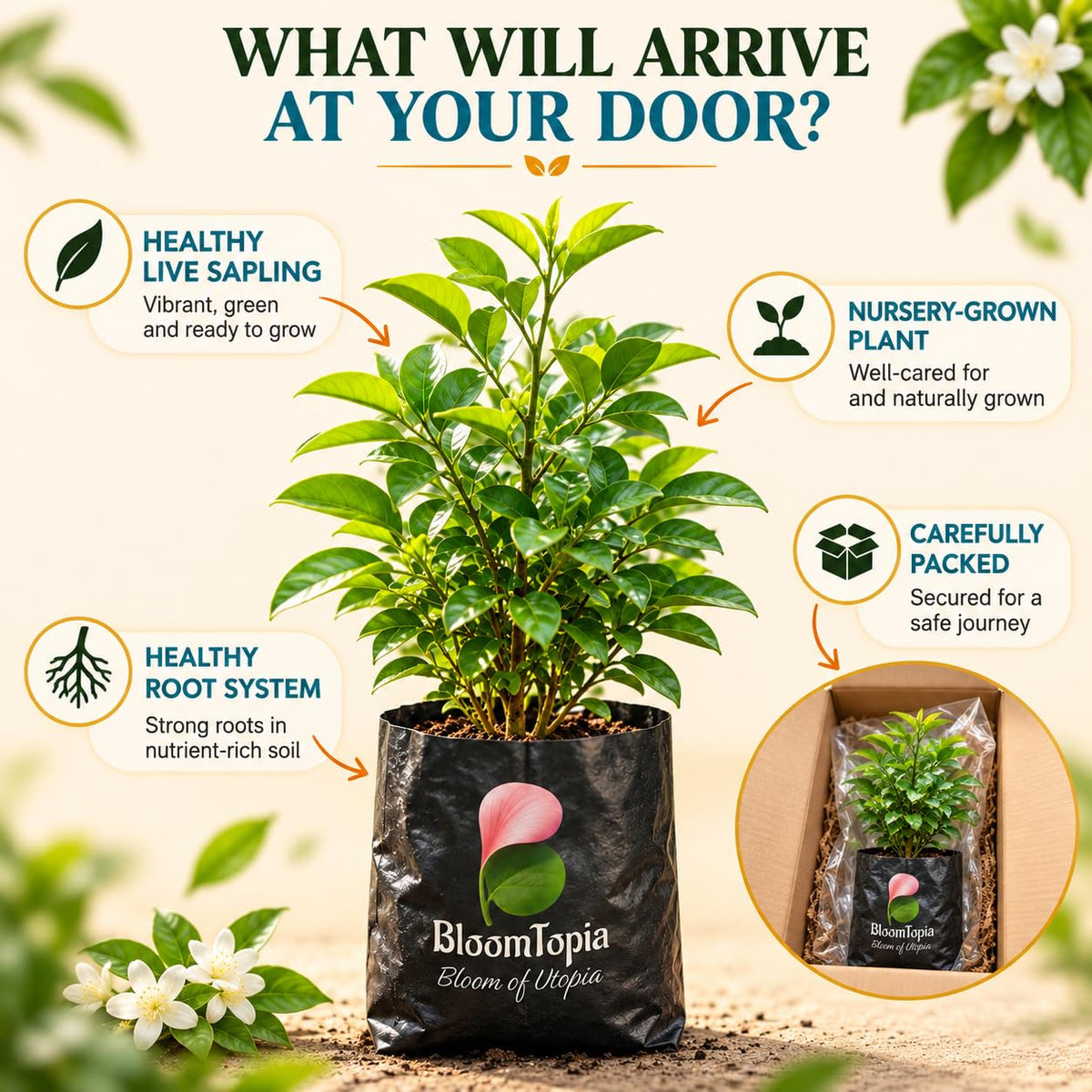 Illustrated plant, root close-ups and pack-presentation panel for Kamini (Orange Jasmine).