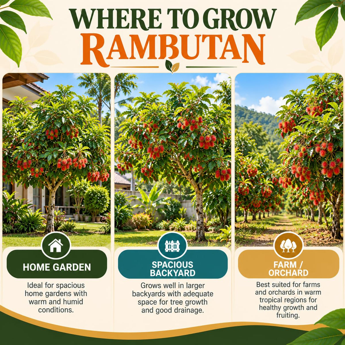 Garden and orchard growing locations for rambutan.