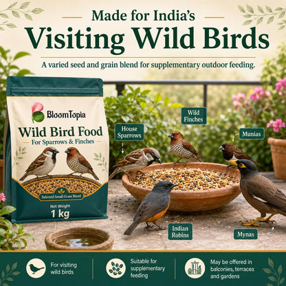 Illustration of wild birds visiting a feeding area.
