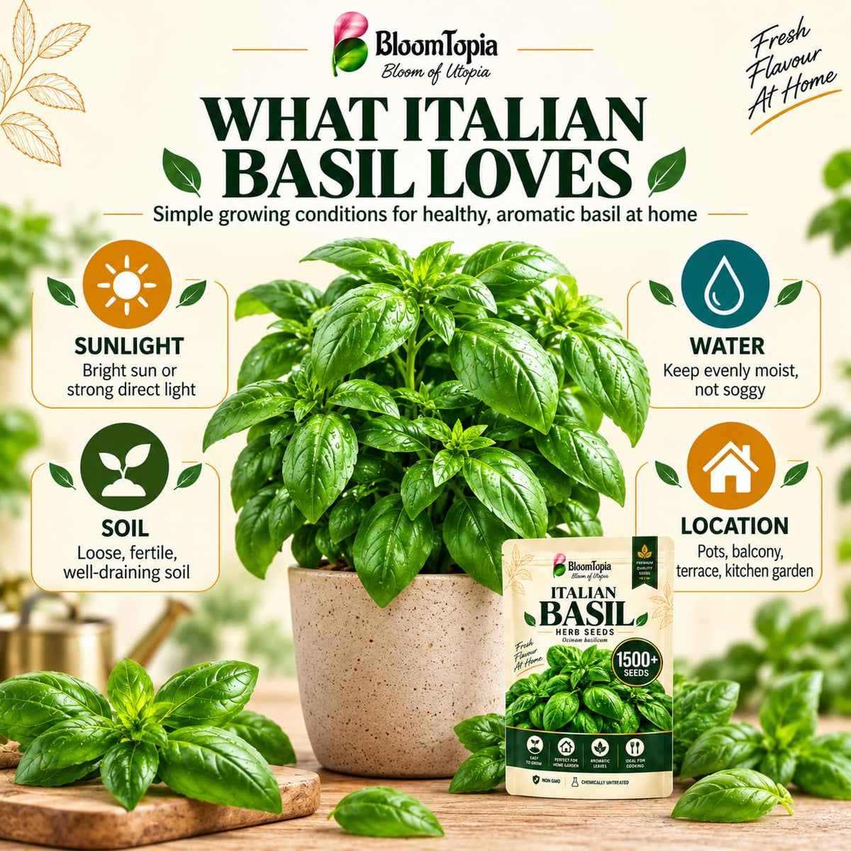 Basil sunlight, soil, water and growing-location guide.