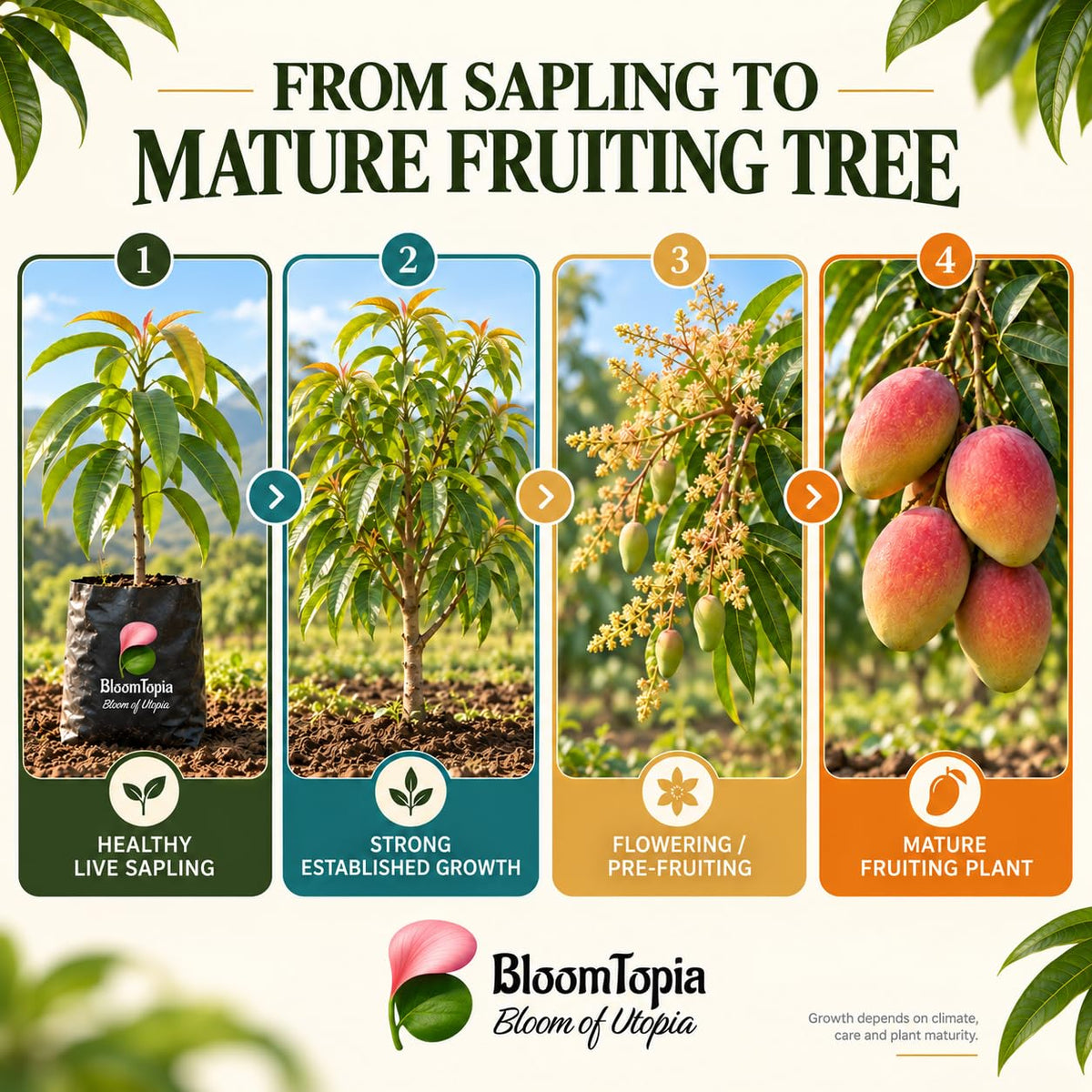 Illustrated growth stages for Miyazaki Mango, from young plant to mature growth.