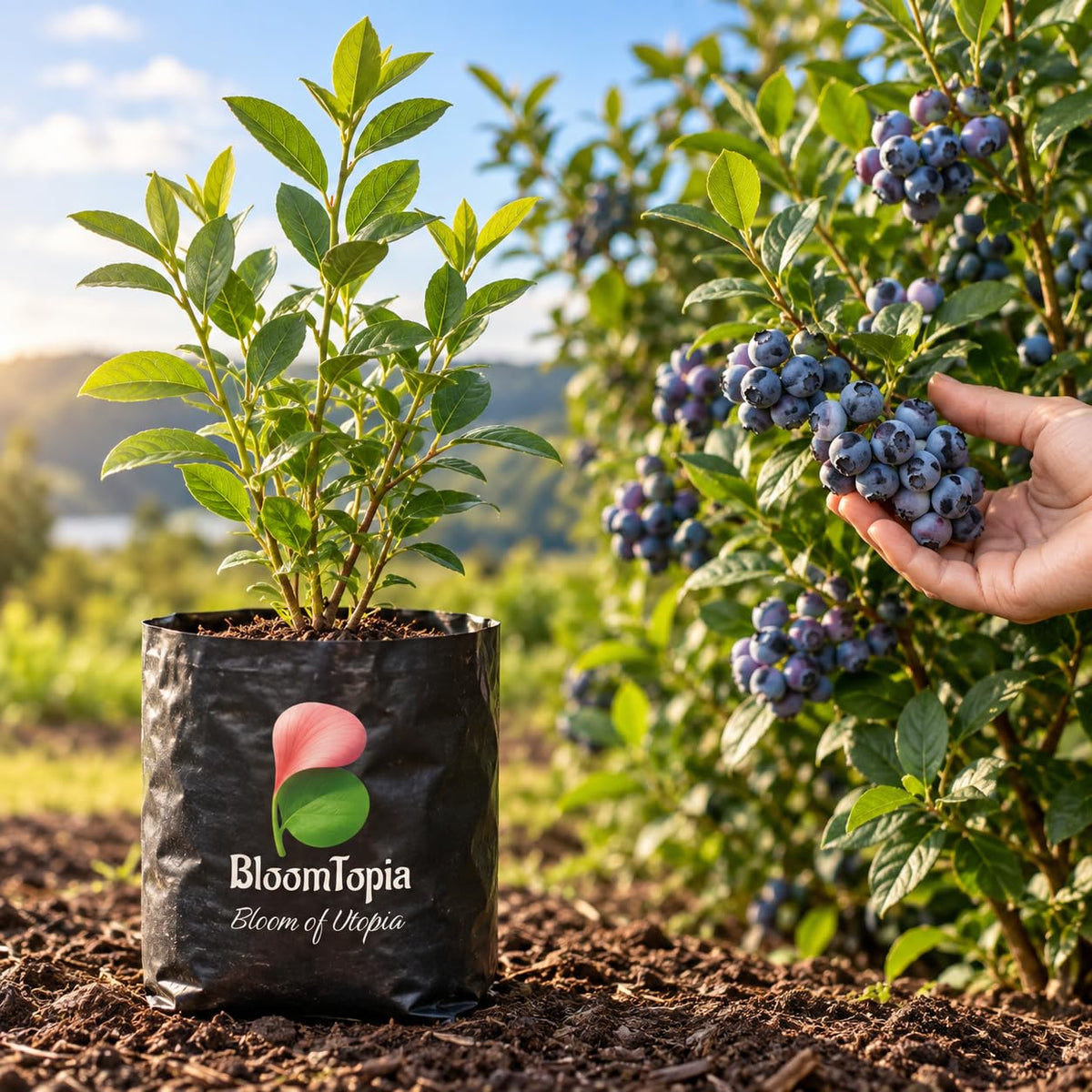Illustration comparing young Blueberry nursery growth with a mature plant.