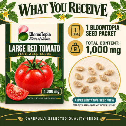 Large red tomato seed packet contents.