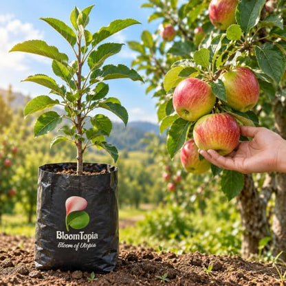 Illustration of a Anna Apple sapling in a nursery bag beside mature plant growth.