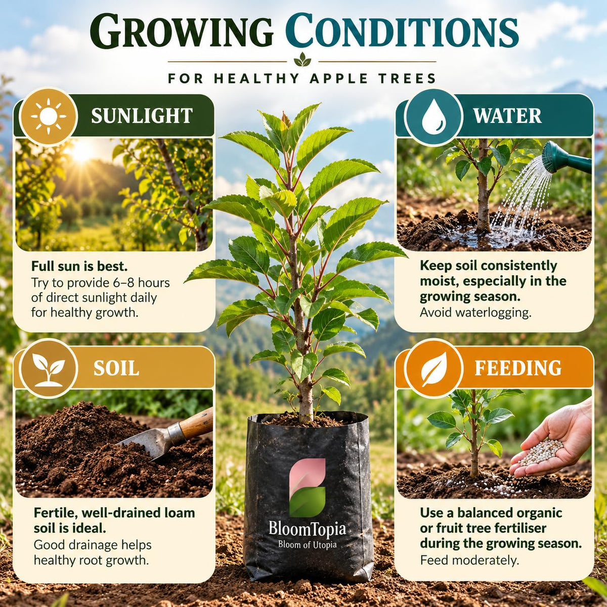 Sunlight, water, soil and feeding guide for Kashmiri Apple.