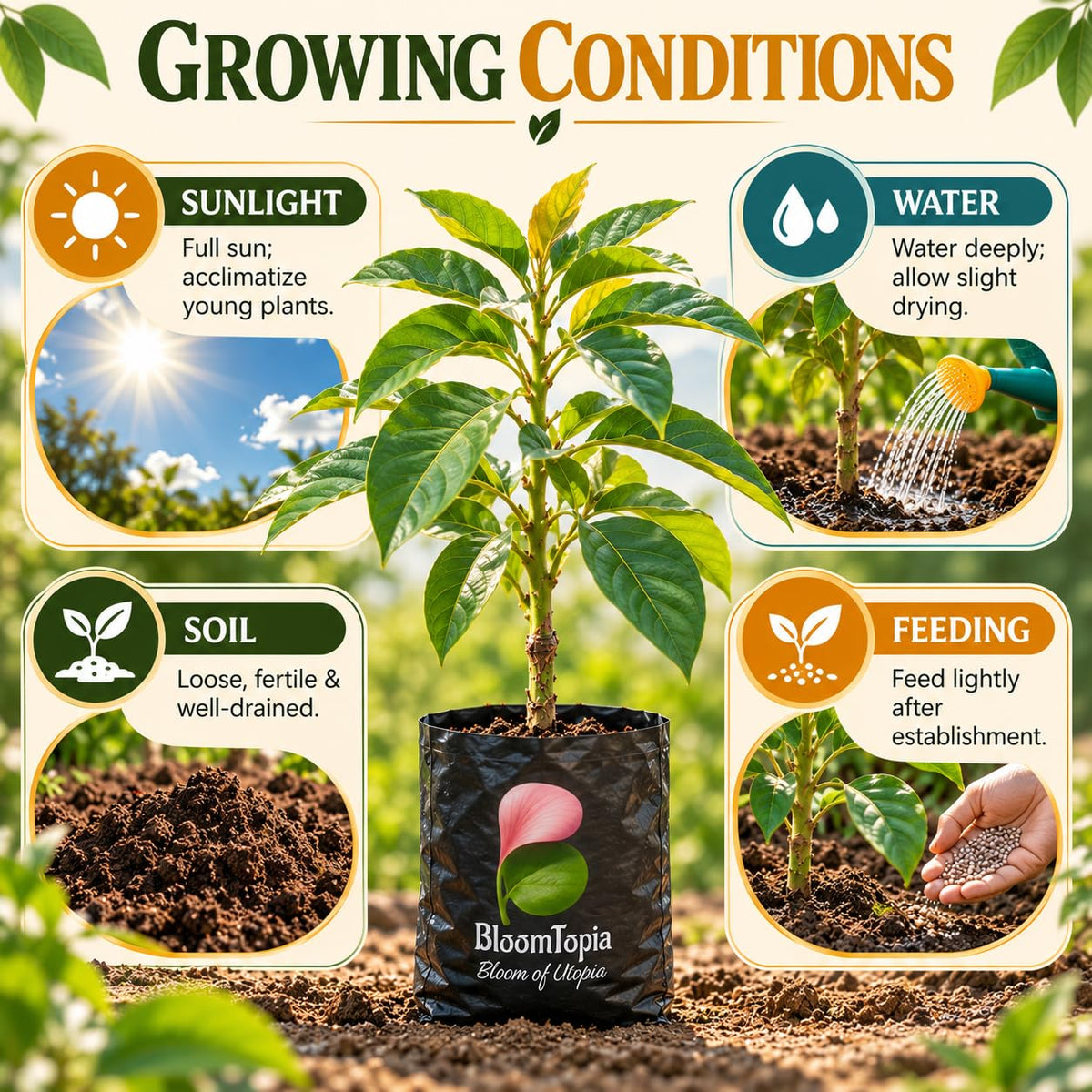 Sunlight, water, soil and feeding guide for Avocado Grafted.