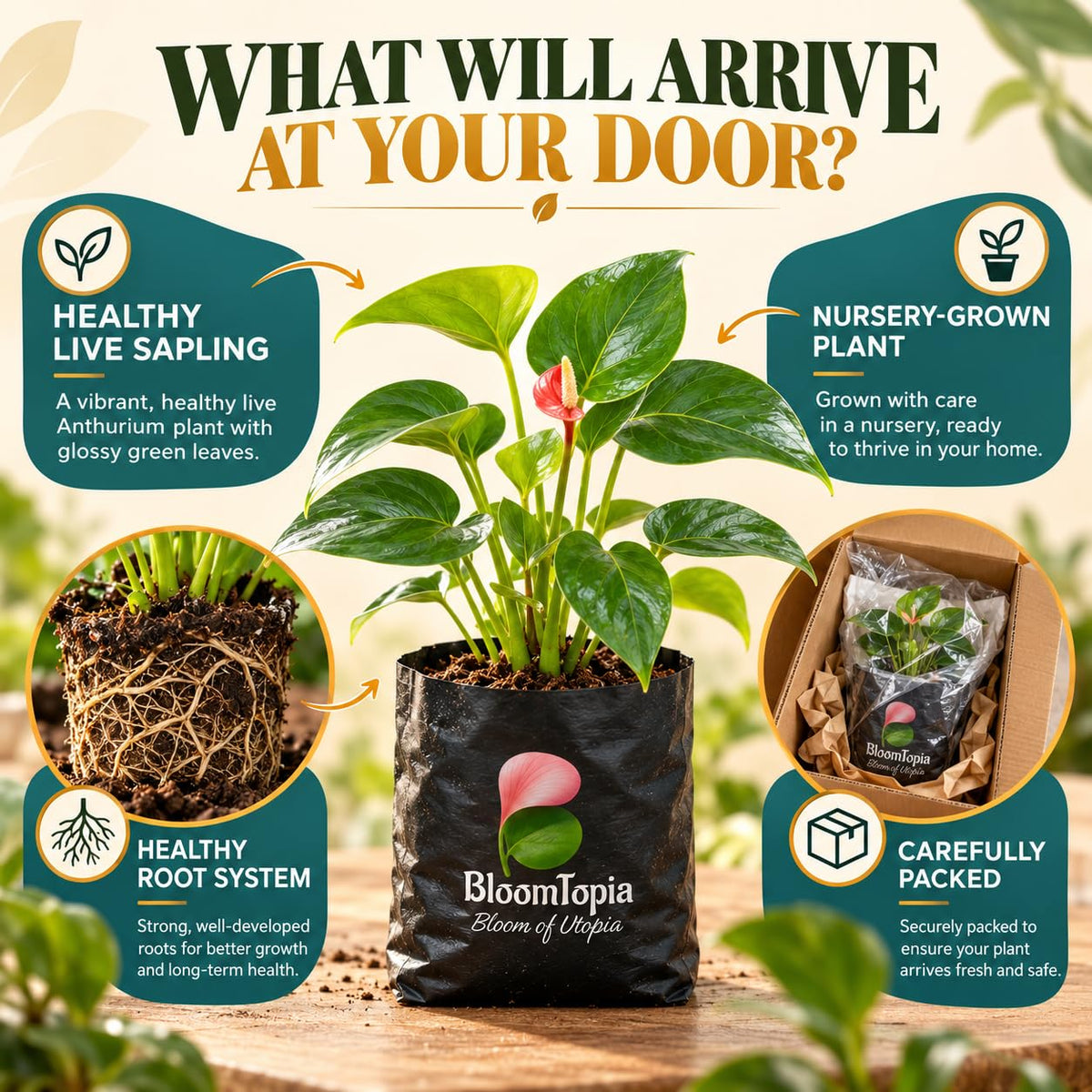 Illustration of a young Anthurium Red plant, roots and protective packing.