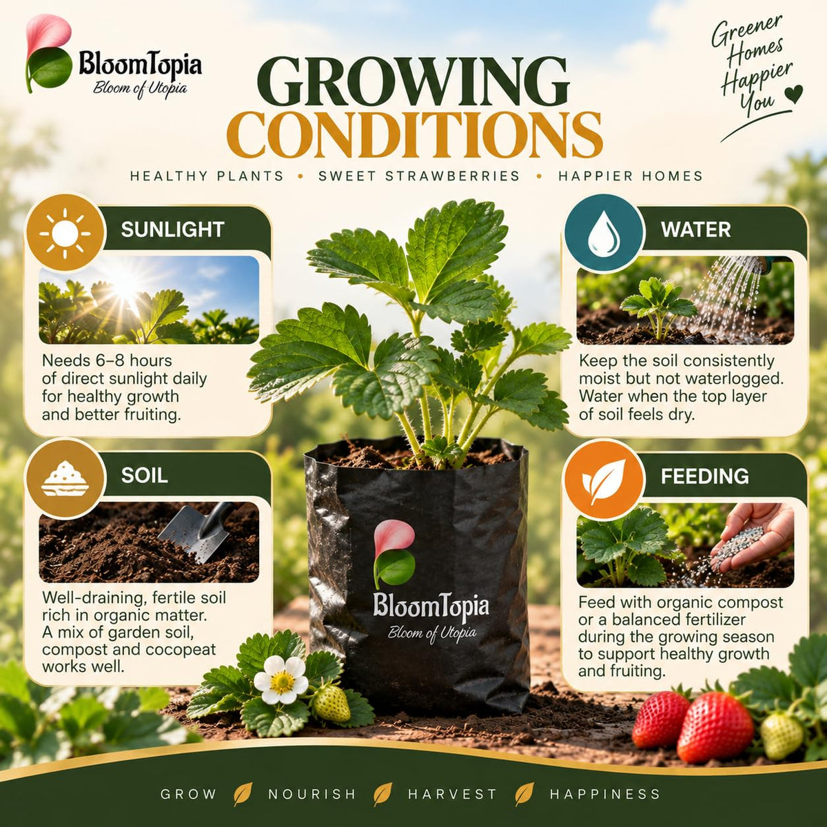 Sunlight, water, soil and feeding guide for Strawberry.