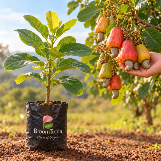 Illustration comparing young Kaju Badam Cashew Nut nursery growth with a mature plant.
