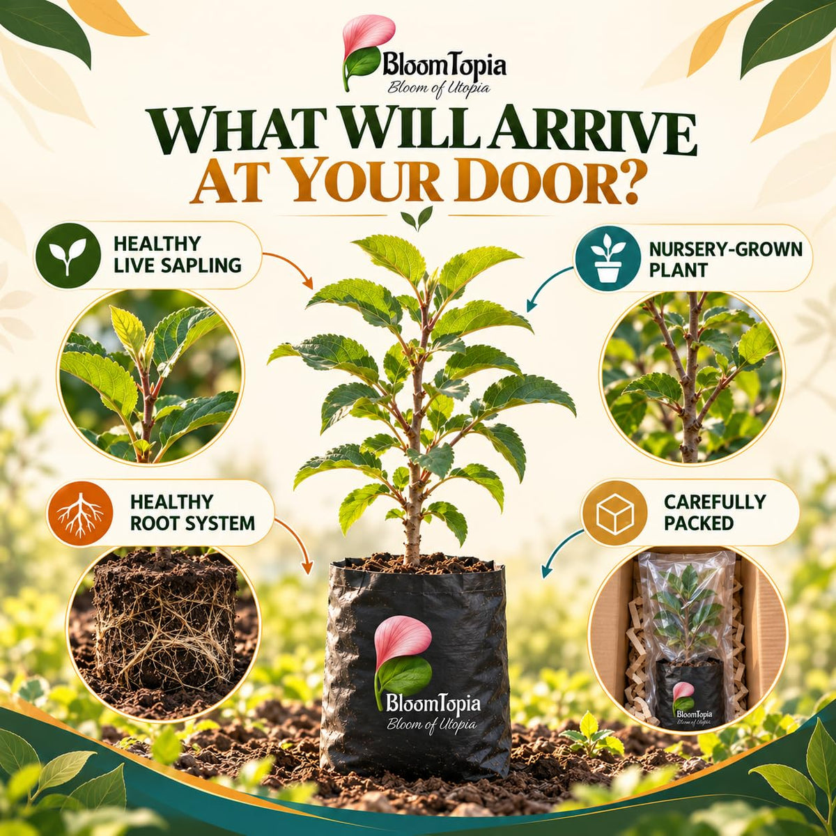 Illustrated plant, root close-ups and pack-presentation panel for Kashmiri Apple.