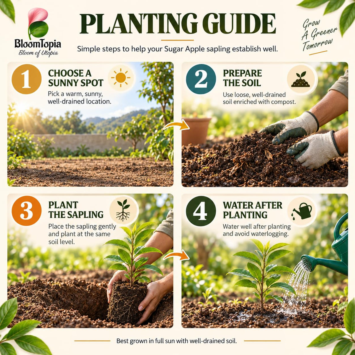 Step-by-step planting illustration for Thai Giant KG Sugar Apple Sitafal.