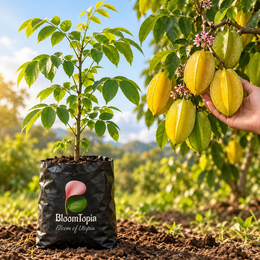 Illustration comparing young Sweet Star Fruit Carambola Kamrak nursery growth with a mature plant.