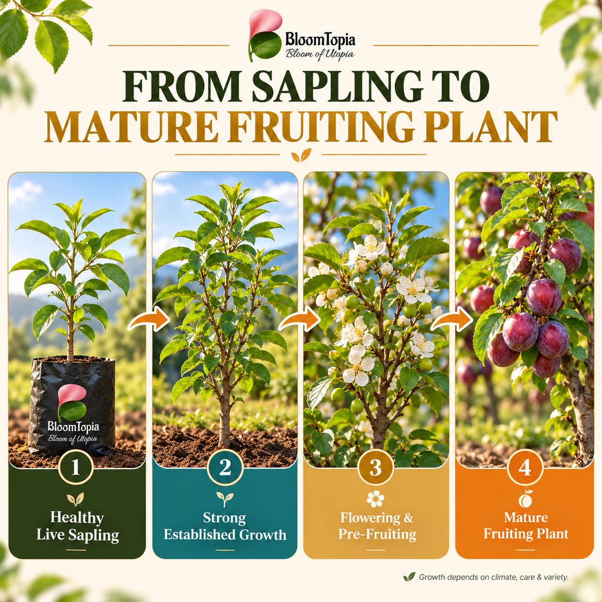 Illustrated growth stages for Alubukhara Plum, from young plant to mature growth.