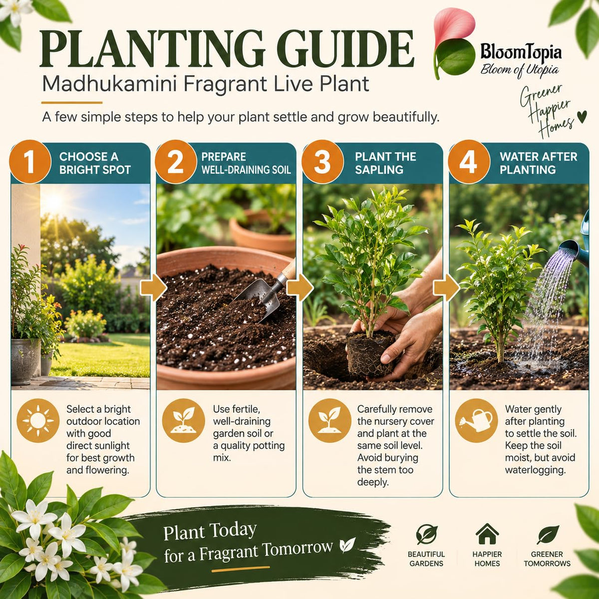 Step-by-step planting illustration for Madhukamini Fragrant.